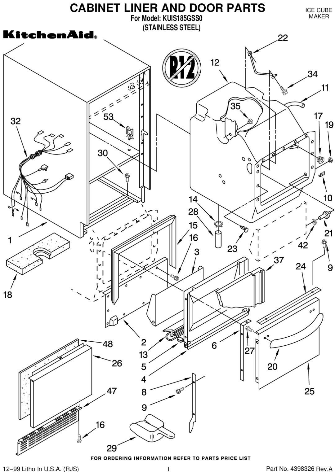 KitchenAid KUIS185GSS0 manual Cabinet Liner and Door Parts 