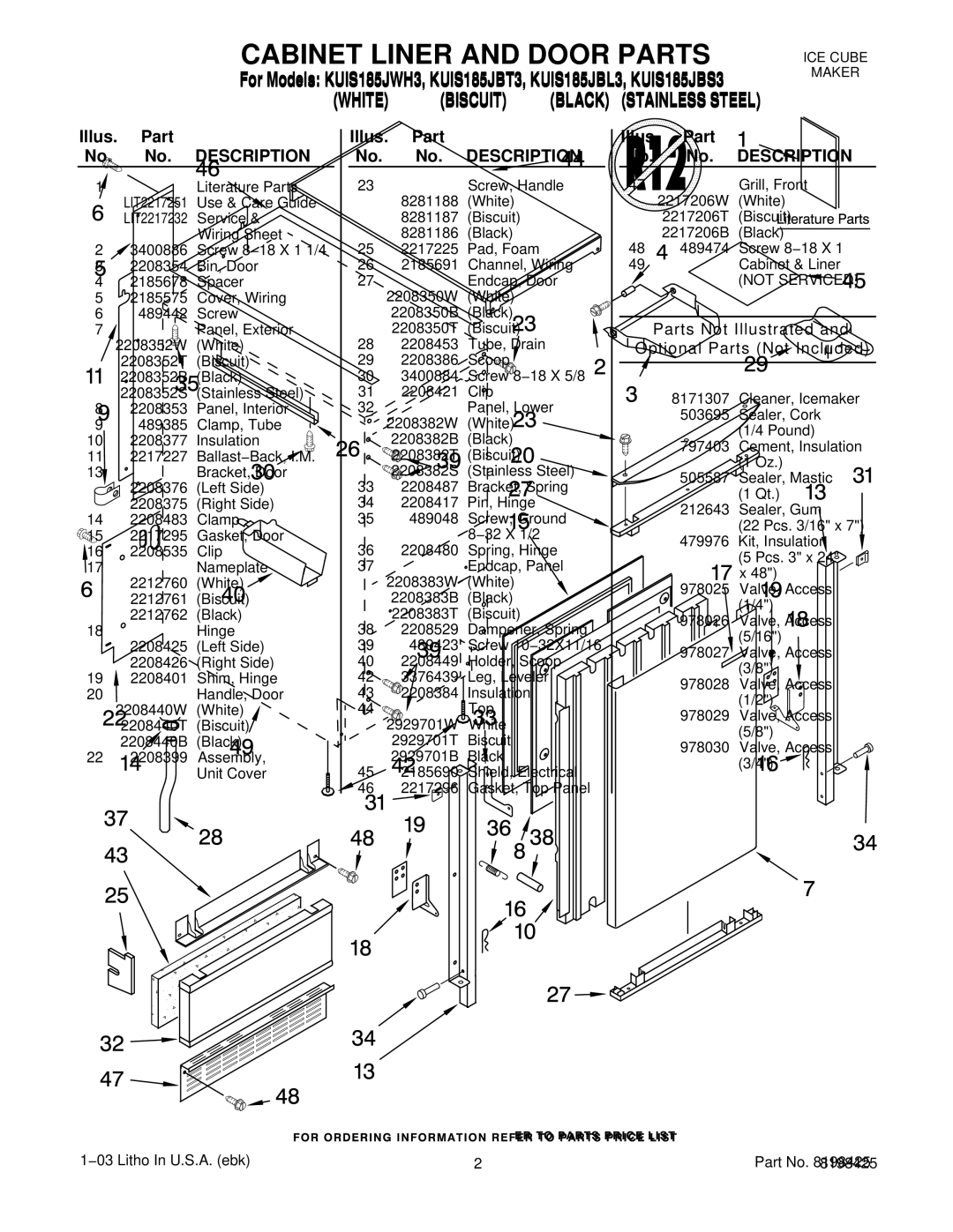 KitchenAid KUIS185JBS3, KUIS185JBL3 Illus. Part No. No. Description, Parts Not Illustrated and Optional Parts Not Included 