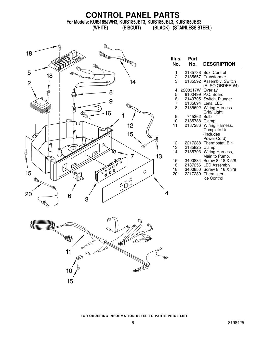 KitchenAid KUIS185JBS3, KUIS185JBL3, KUIS185JWH3, KUIS185JBT3 manual Control Panel Parts, Illus Part 