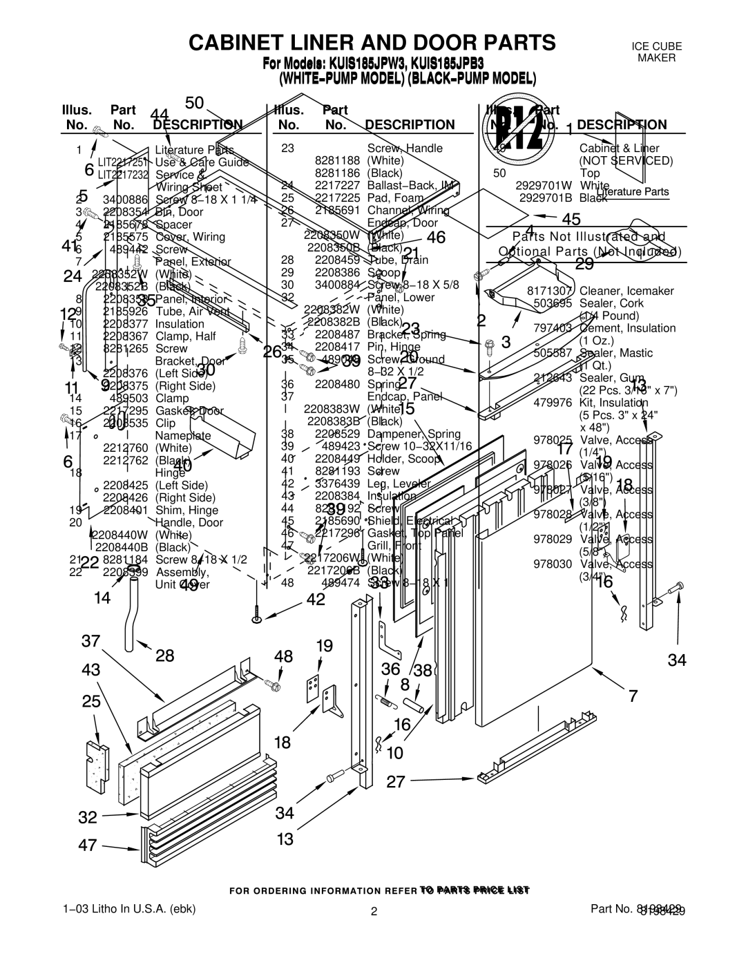 KitchenAid KUIS185JPB3, KUIS185JPW3 manual Illus. Part No. No. Description 