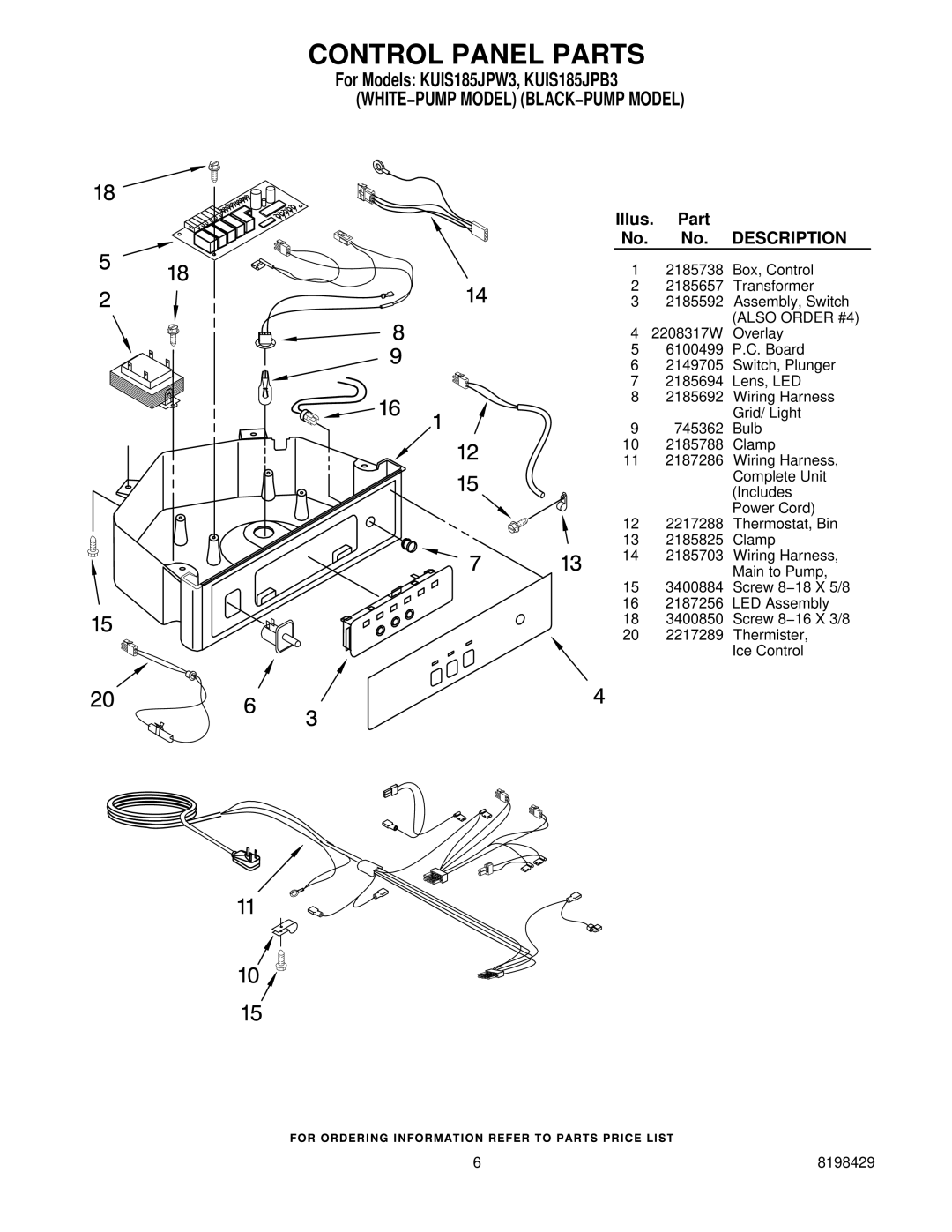 KitchenAid KUIS185JPB3, KUIS185JPW3 manual Control Panel Parts, Description 