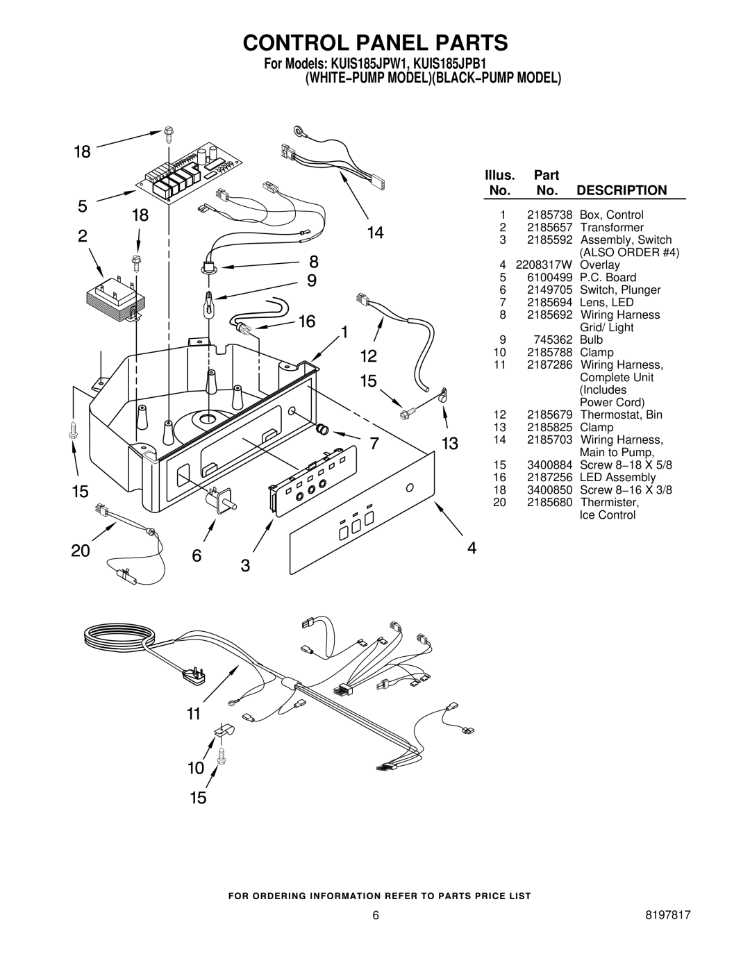 KitchenAid KUIS185JPW1, KUIS185JPB1 manual Control Panel Parts, Description 