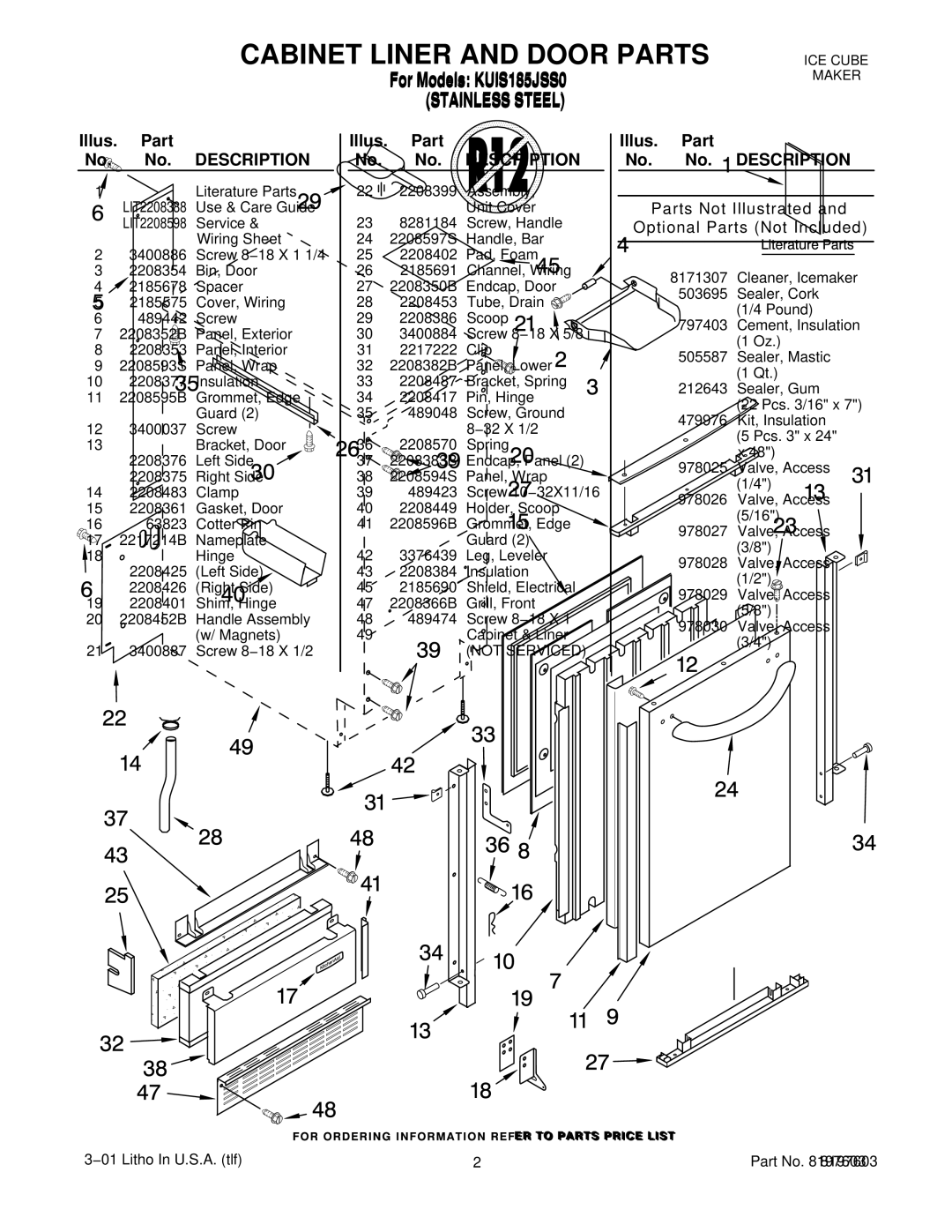 KitchenAid KUIS185JSS0 manual Cabinet Liner and Door Parts, Illus. Part No. No. Description 