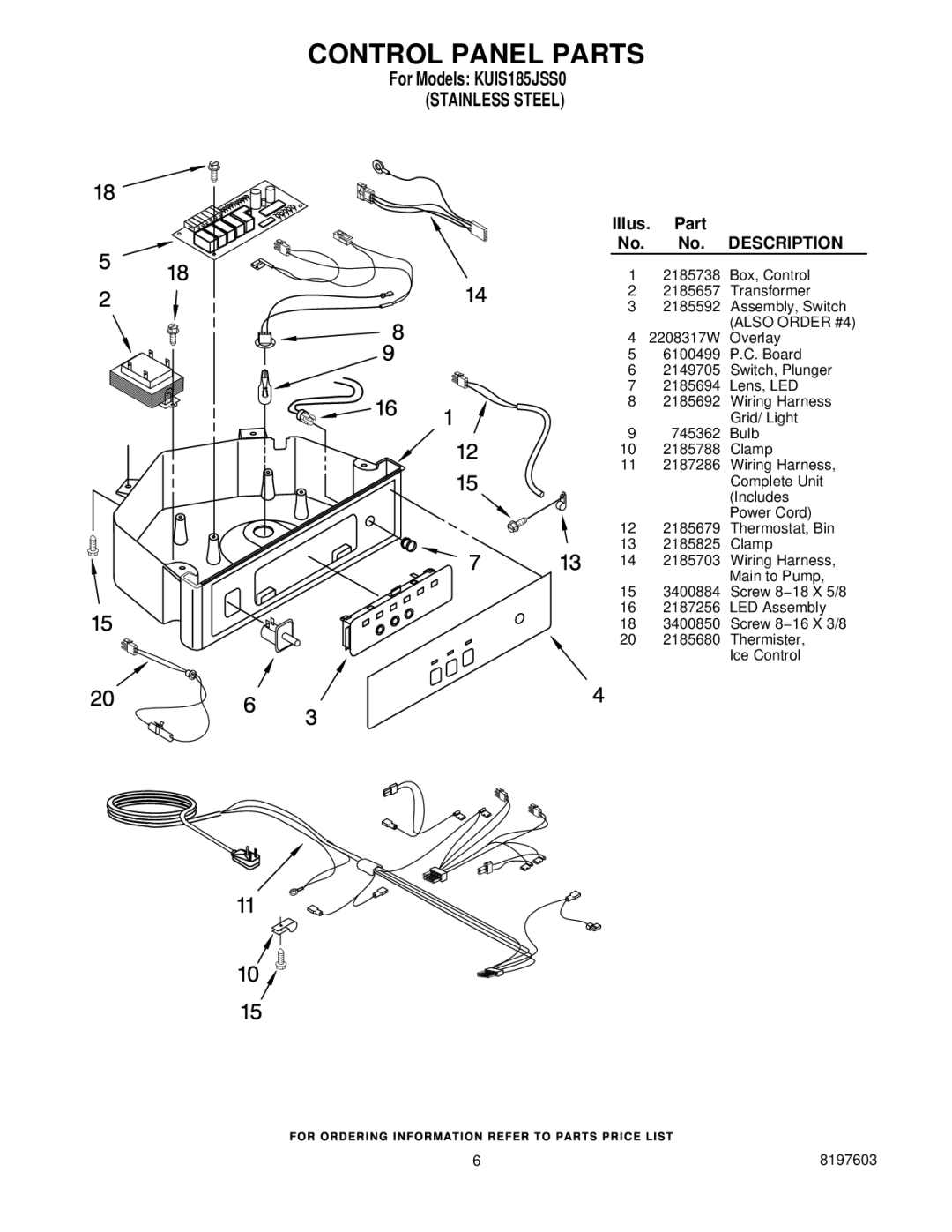 KitchenAid KUIS185JSS0 manual Control Panel Parts, Description 