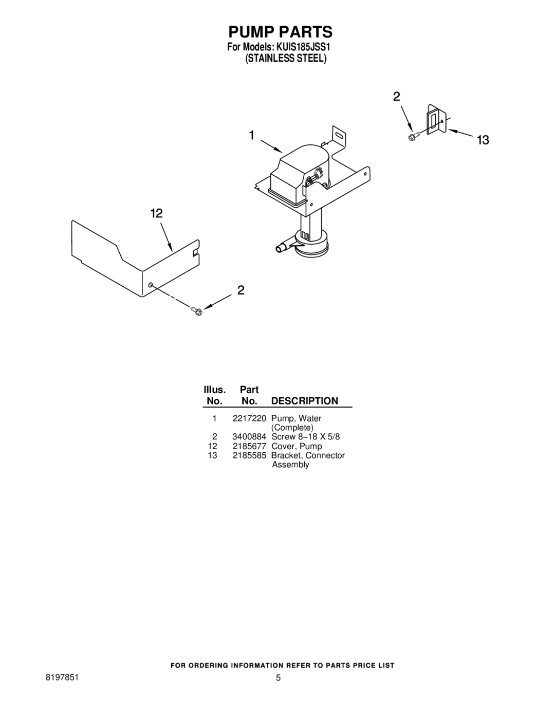 KitchenAid KUIS185JSS1 manual Pump Parts 