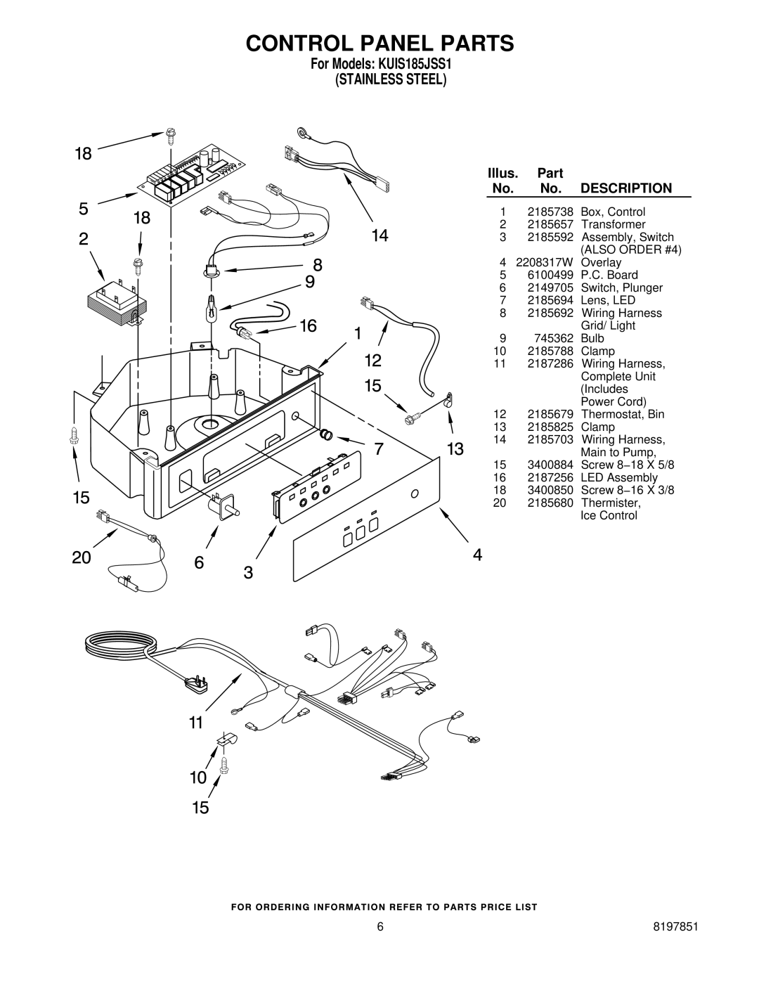 KitchenAid KUIS185JSS1 manual Control Panel Parts, Description 