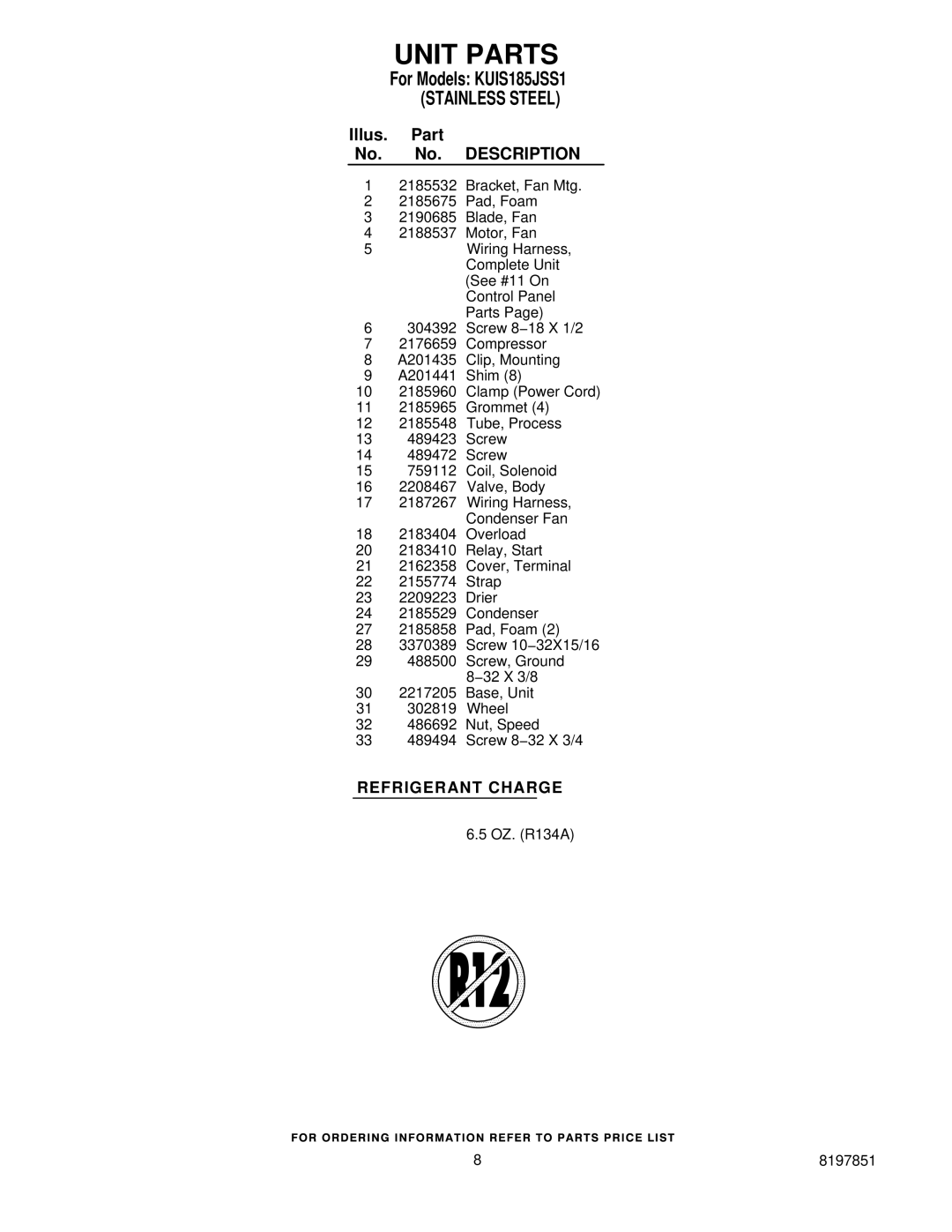 KitchenAid KUIS185JSS1 manual Refrigerant Charge 