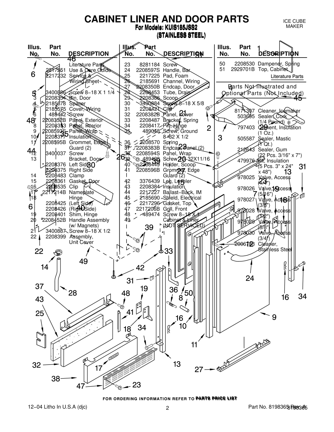 KitchenAid KUIS185JSS2 manual Illus. Part No. No. Description 