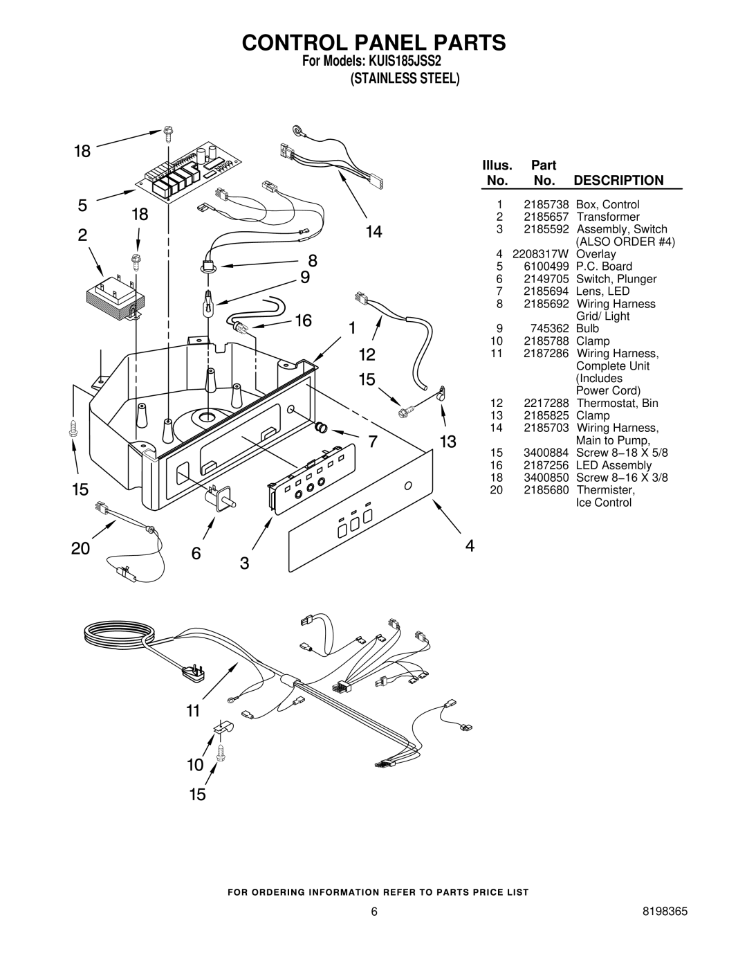 KitchenAid KUIS185JSS2 manual Control Panel Parts, Description 