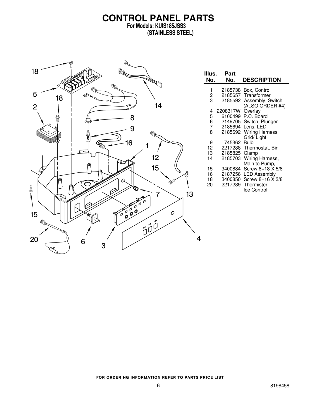 KitchenAid KUIS185JSS3 manual Control Panel Parts, Description 