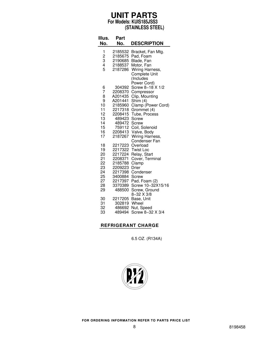 KitchenAid KUIS185JSS3 manual Unit Parts 