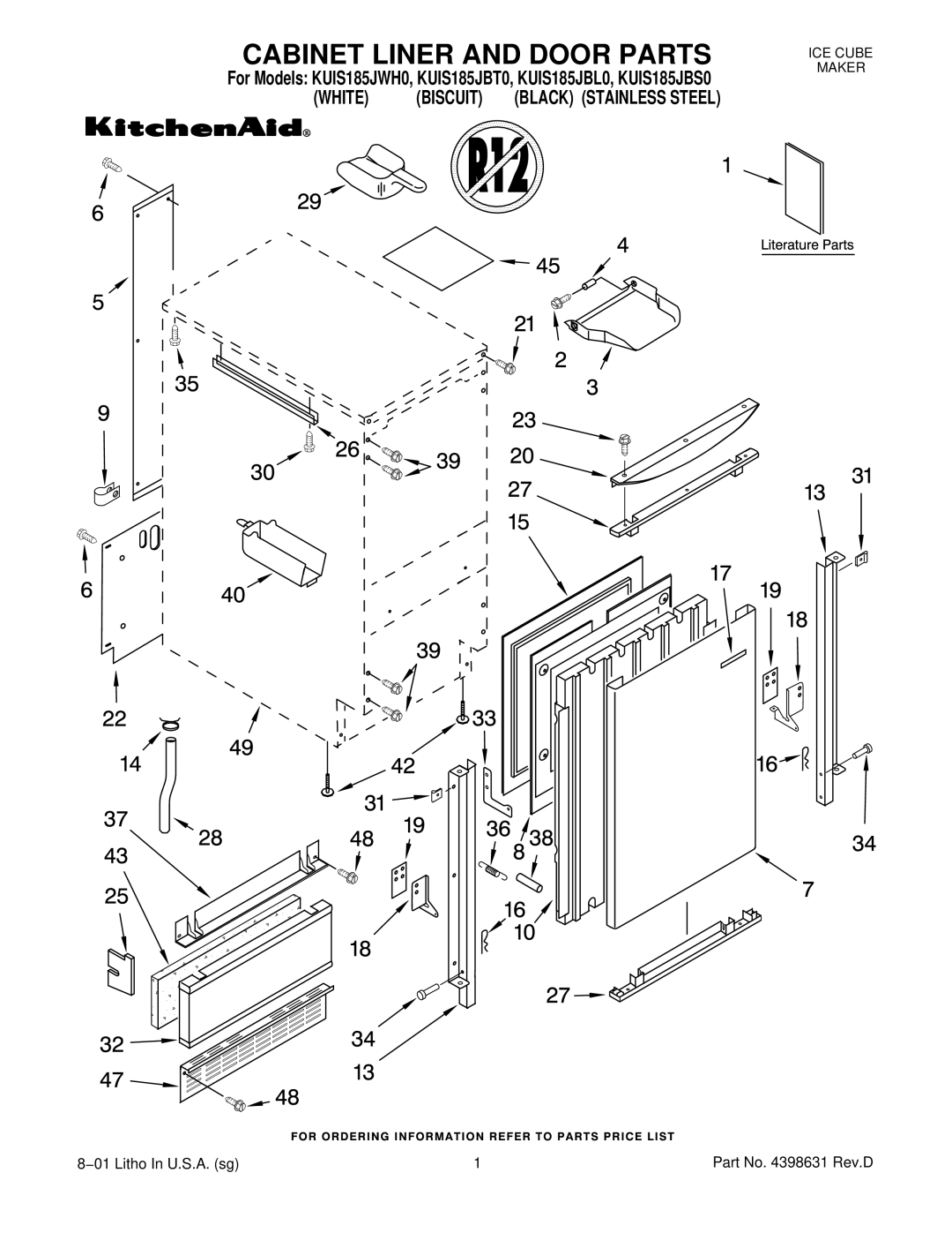 KitchenAid KUIS185JBS0, KUIS185JWH0, KUIS185JBL0, KUIS185JBT0 manual Cabinet Liner and Door Parts 