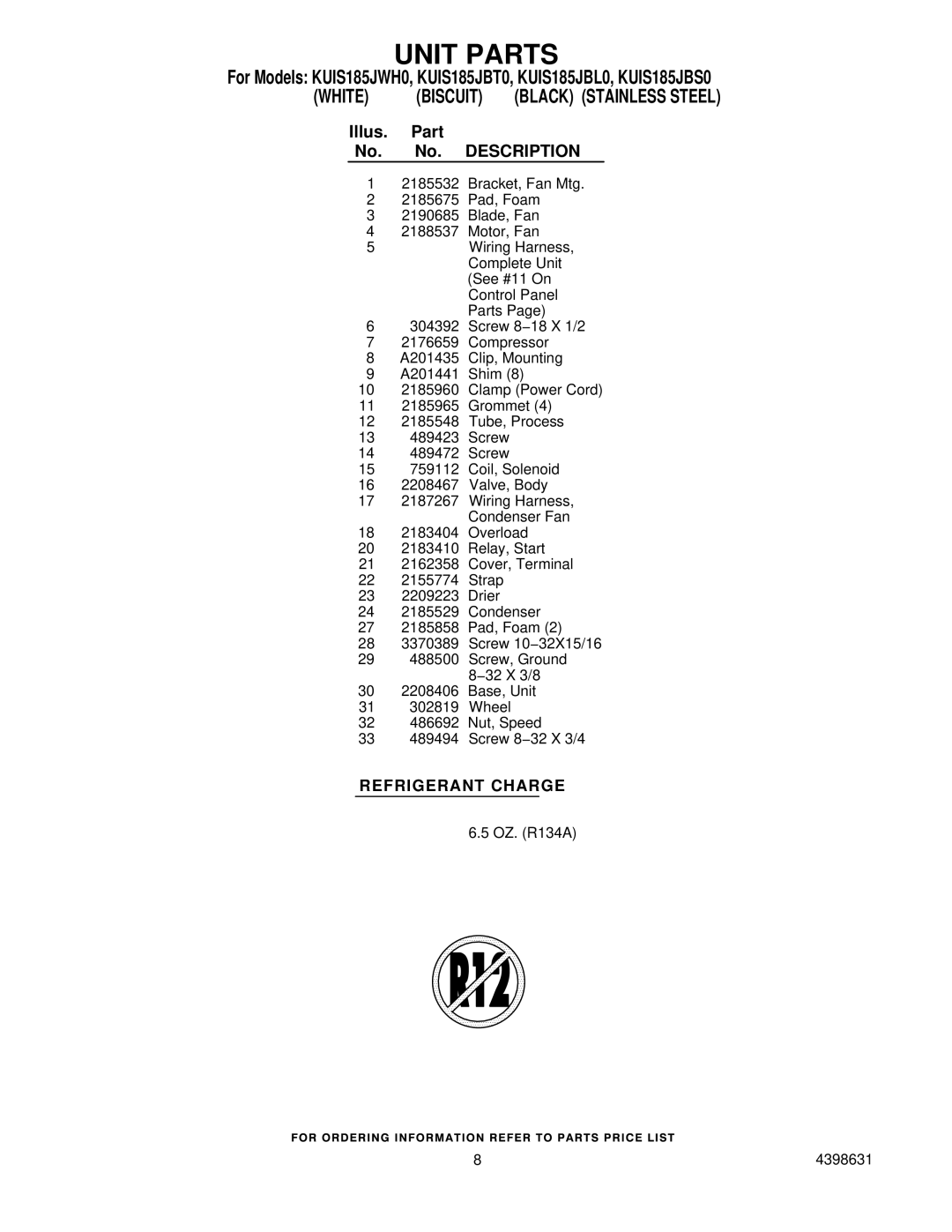 KitchenAid KUIS185JWH0, KUIS185JBS0, KUIS185JBL0, KUIS185JBT0 manual Illus Part No. Description 