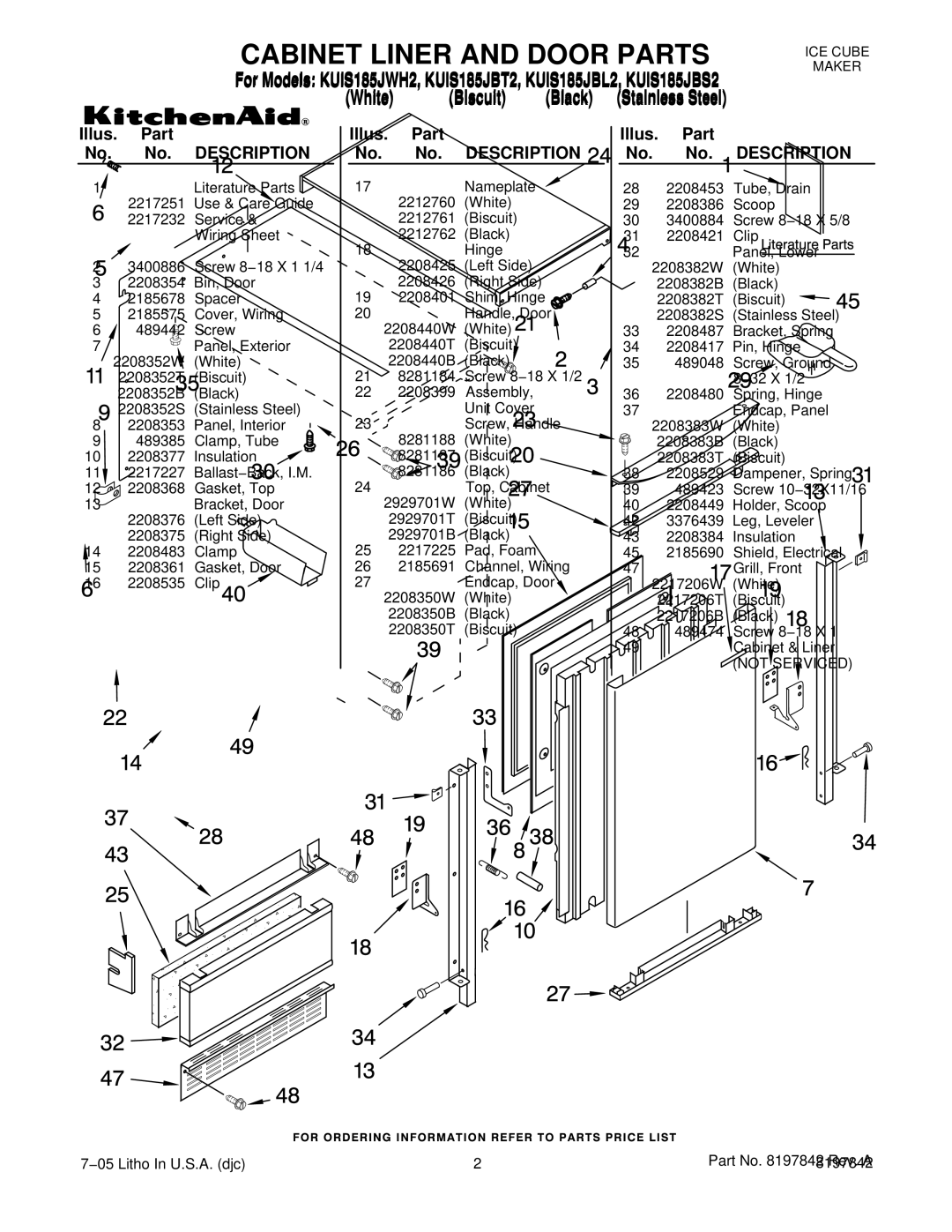 KitchenAid KUIS185JBT2, KUIS185JWH2, KUIS185JBS2, KUIS185JBL2 manual Illus. Part No. No. Description 