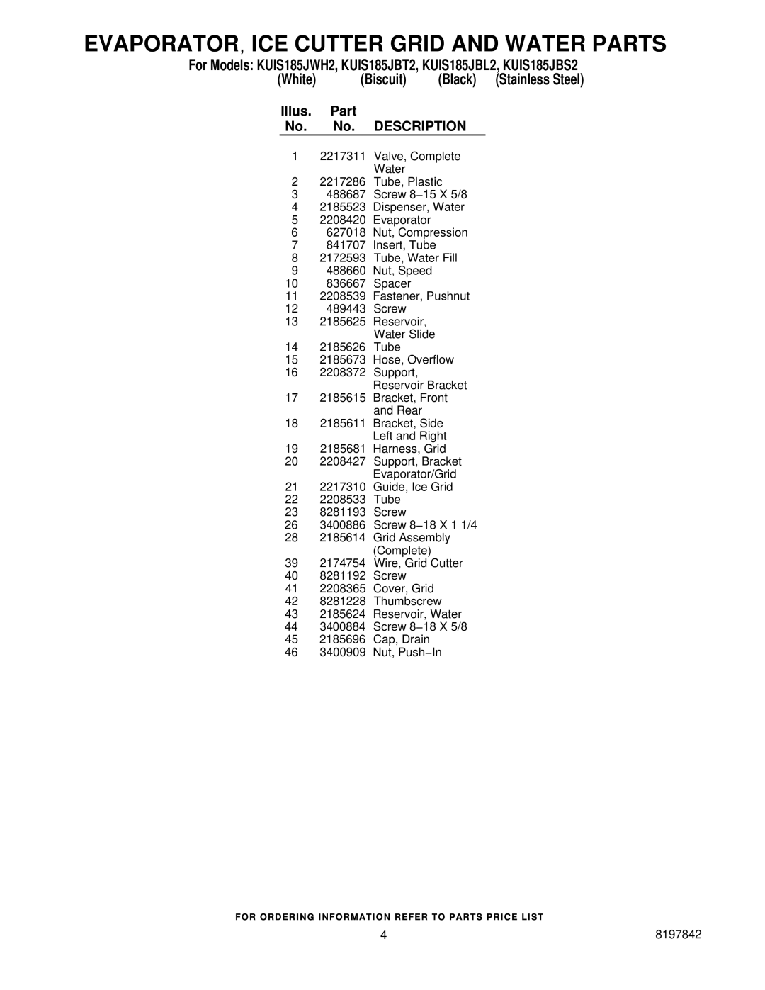 KitchenAid KUIS185JWH2, KUIS185JBS2, KUIS185JBT2 Evaporator ICE Cutter Grid and Water Parts, Illus Part No. Description 