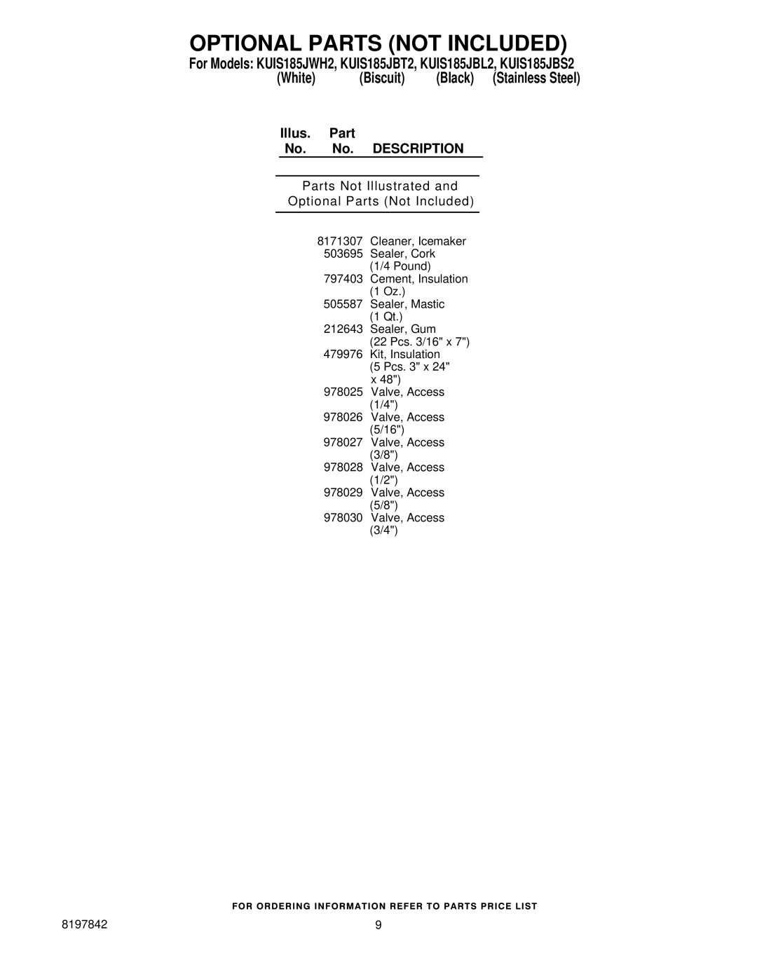 KitchenAid KUIS185JBS2, KUIS185JWH2 manual Optional Parts not Included, Parts Not Illustrated Optional Parts Not Included 