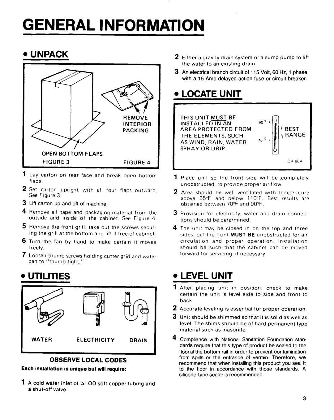 KitchenAid KUIS185S manual General Information, Unpack, Locate Unit, Utilities, Level Unit 