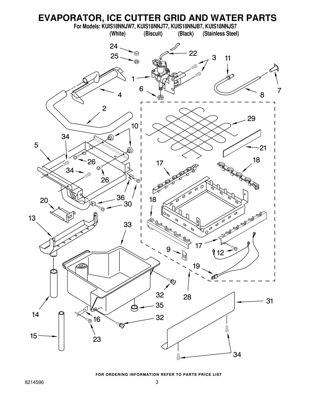 KitchenAid KUIS18NNJB7, KUIS18NNJT7, KUIS18NNJW7, KUIS18NNJS7 manual EVAPORATOR, ICE Cutter Grid and Water Parts 