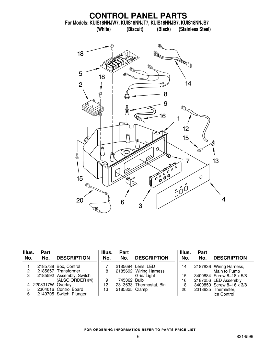 KitchenAid KUIS18NNJS7, KUIS18NNJT7, KUIS18NNJW7, KUIS18NNJB7 manual Control Panel Parts 