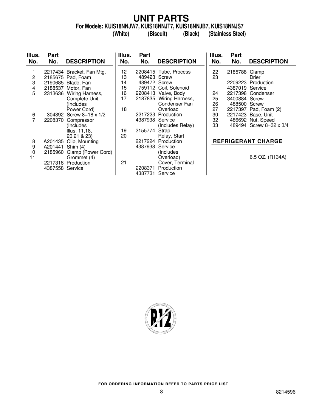 KitchenAid KUIS18NNJT7, KUIS18NNJW7, KUIS18NNJS7, KUIS18NNJB7 manual Refrigerant Charge 