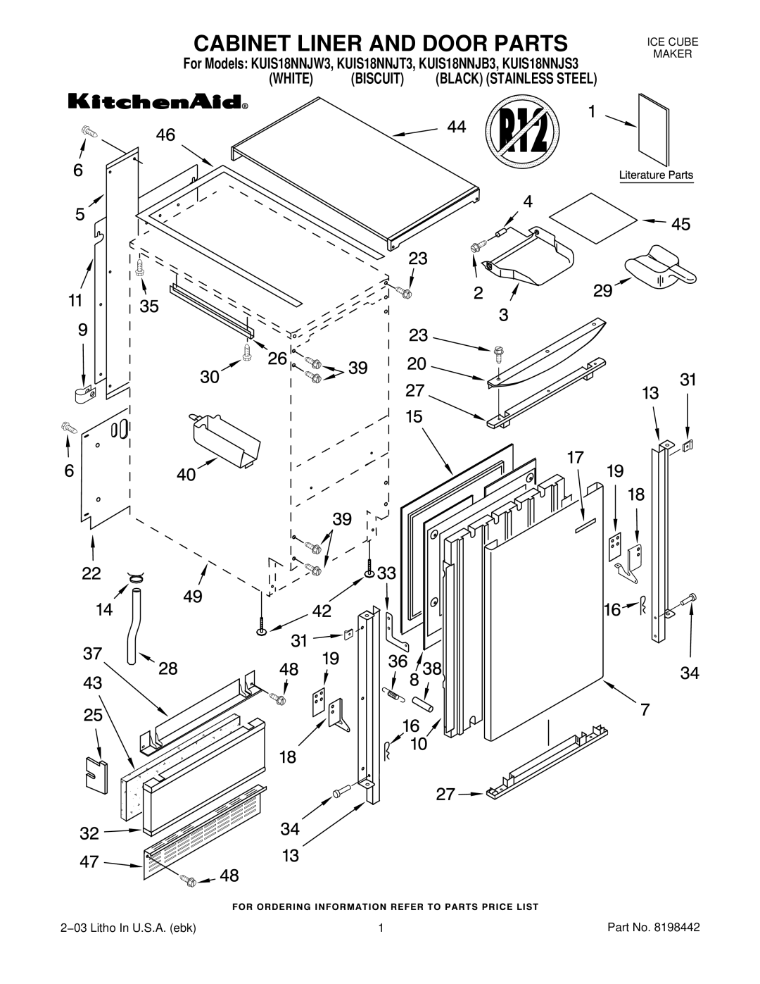 KitchenAid KUIS18NNJS3, KUIS18NNJW3, KUIS18NNJB3, KUIS18NNJT3 manual Cabinet Liner and Door Parts 