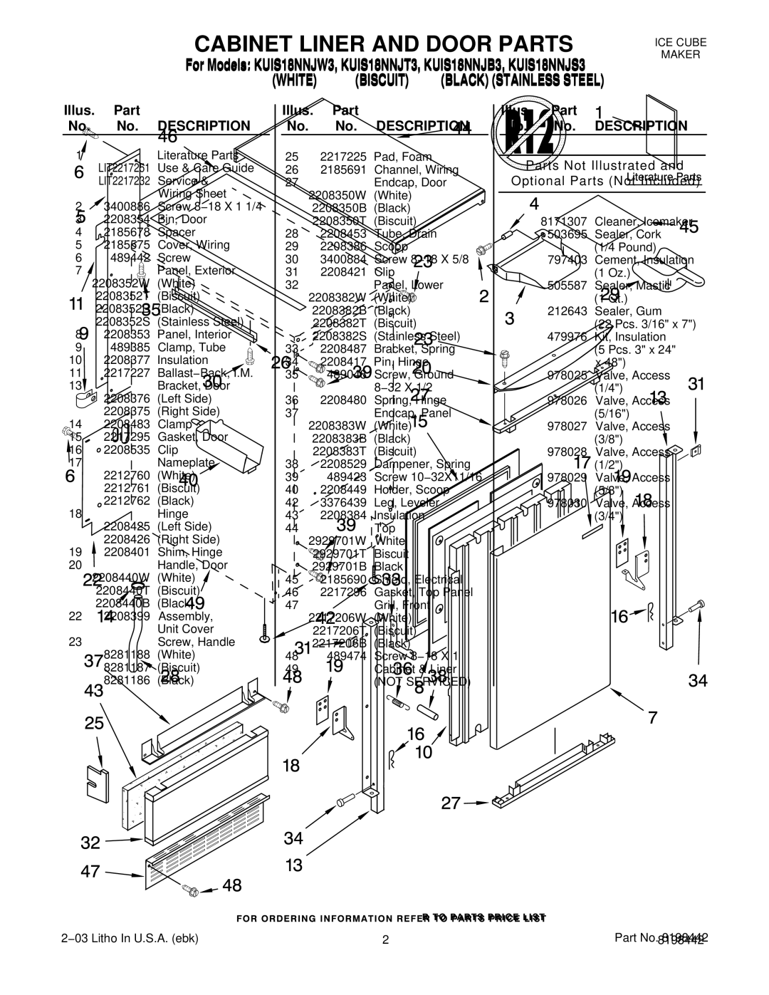 KitchenAid KUIS18NNJB3, KUIS18NNJW3 Illus. Part No. No. Description, Parts Not Illustrated and Optional Parts Not Included 