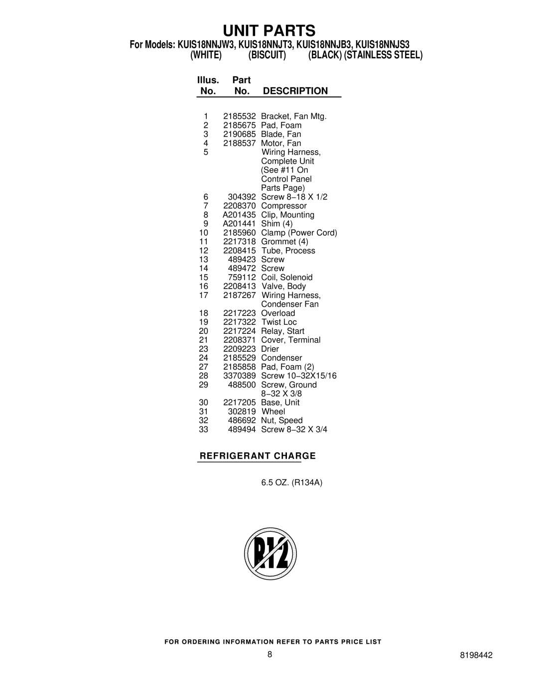 KitchenAid KUIS18NNJW3, KUIS18NNJS3, KUIS18NNJB3, KUIS18NNJT3 manual Refrigerant Charge 