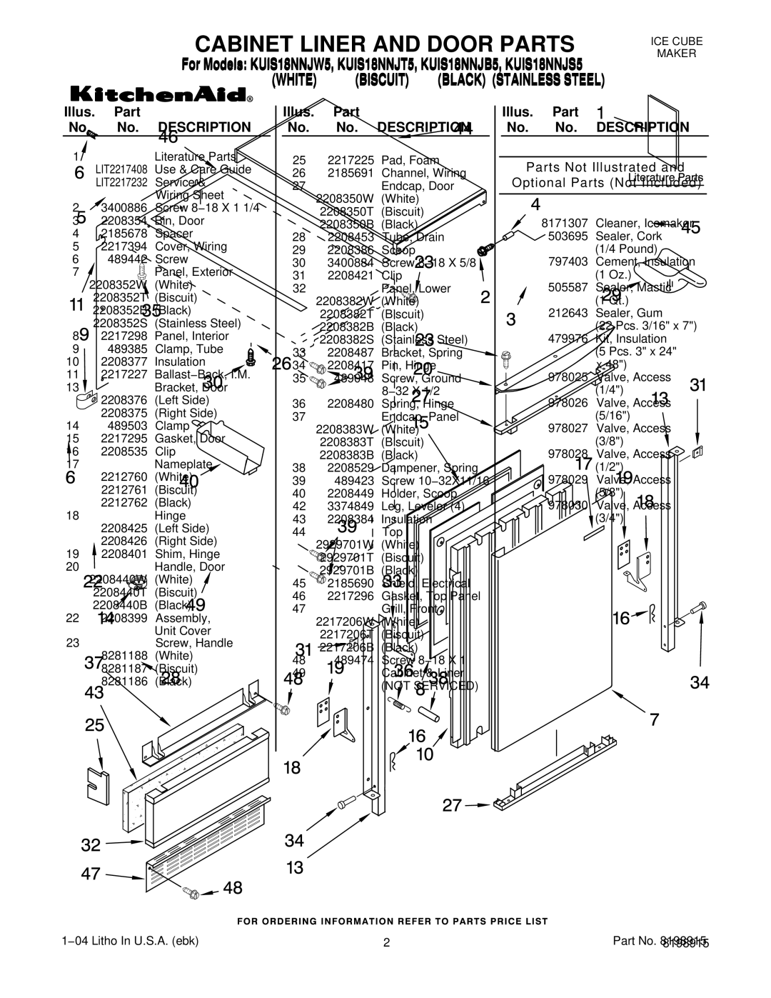 KitchenAid KUIS18NNJB5, KUIS18NNJW5 Illus. Part No. No. Description, Parts Not Illustrated and Optional Parts Not Included 