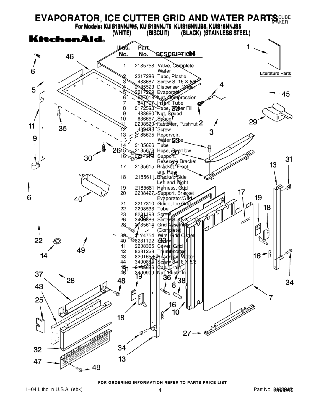 KitchenAid KUIS18NNJW5, KUIS18NNJT5, KUIS18NNJB5, KUIS18NNJS5 manual Evaporator ICE Cutter Grid and Water Parts, Illus Part 