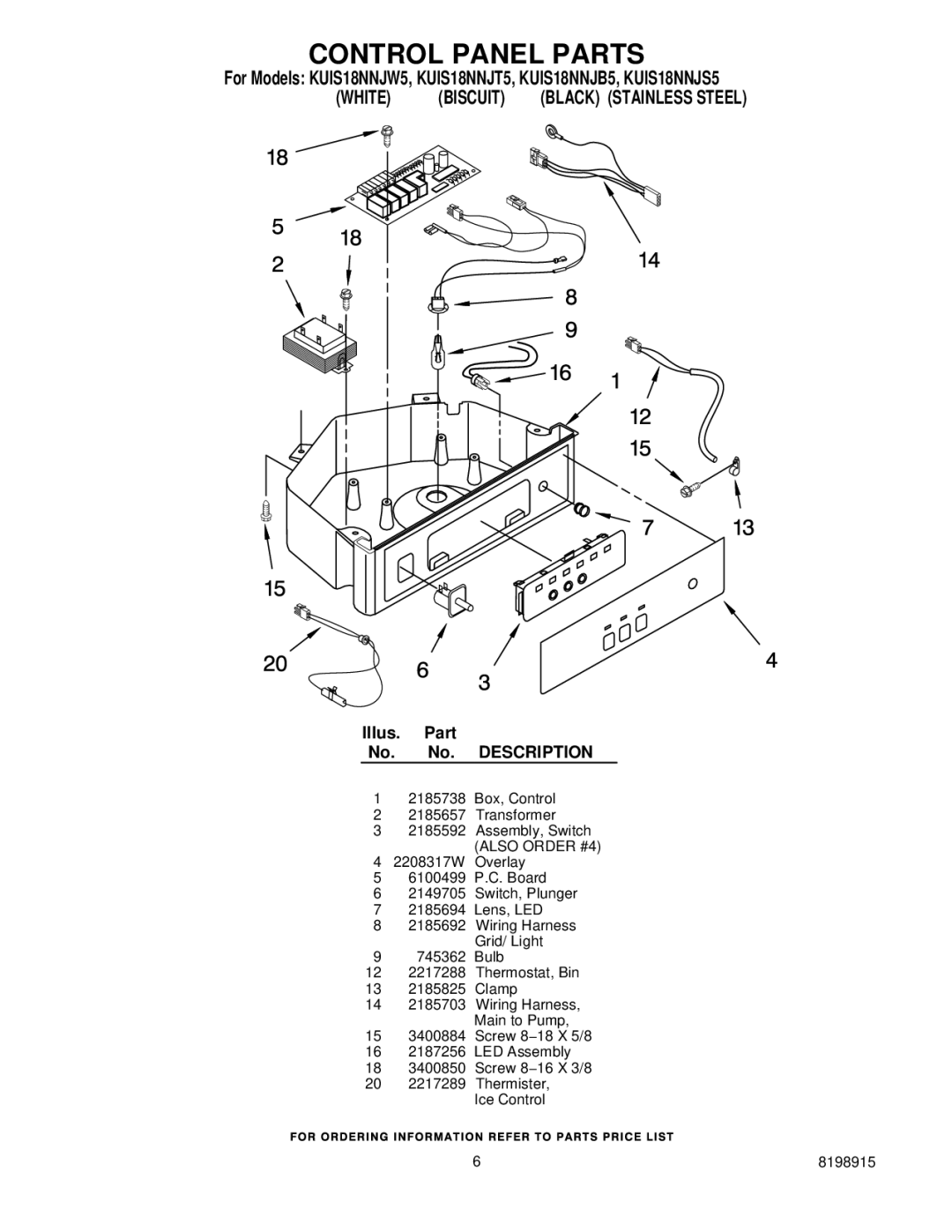 KitchenAid KUIS18NNJB5, KUIS18NNJW5, KUIS18NNJT5, KUIS18NNJS5 manual Control Panel Parts, White Biscuit Black Stainless Steel 