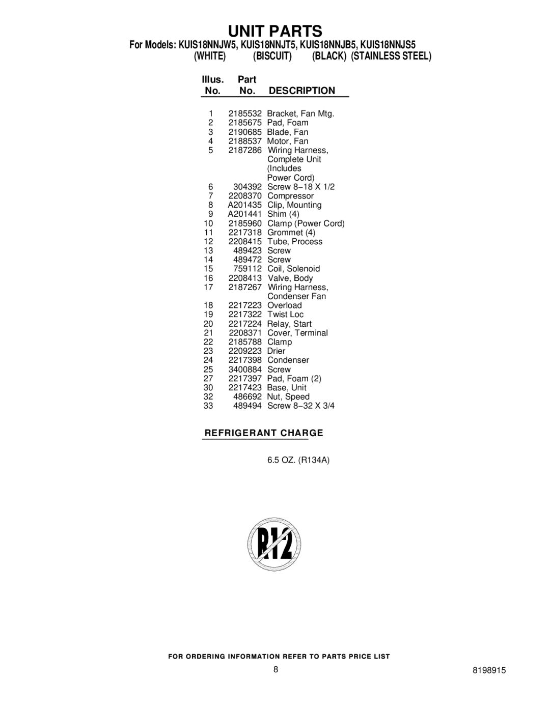 KitchenAid KUIS18NNJW5, KUIS18NNJT5, KUIS18NNJB5, KUIS18NNJS5 manual Illus Part No. Description 