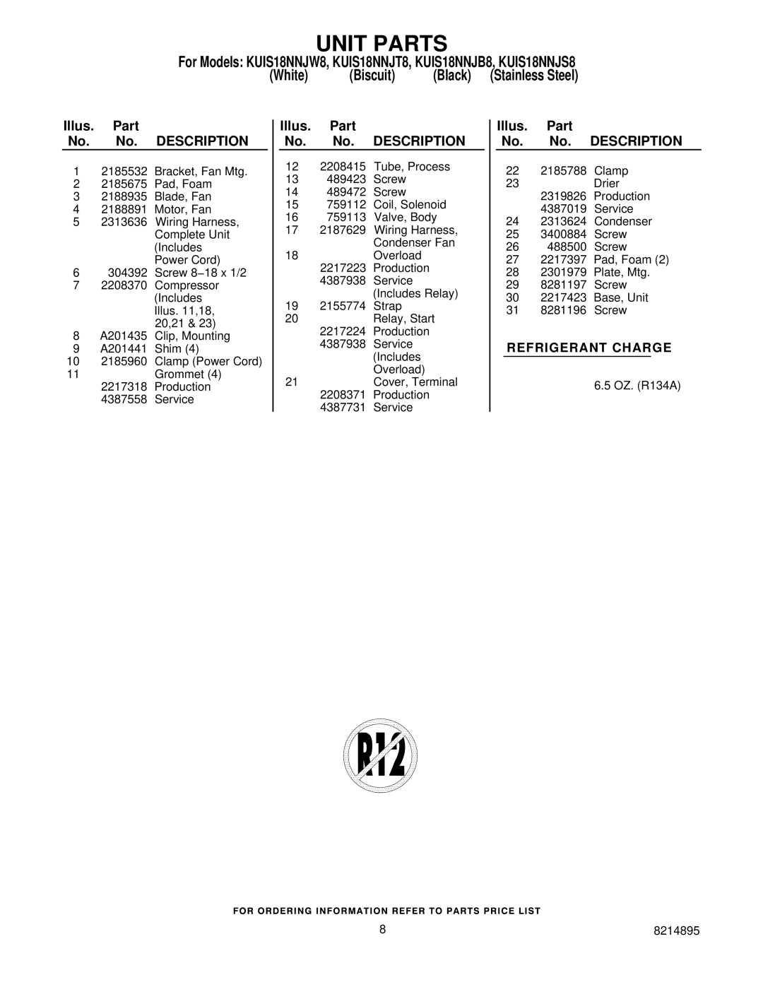 KitchenAid KUIS18NNJW8, KUIS18NNJT8, KUIS18NNJB8, KUIS18NNJS8 manual Refrigerant Charge 