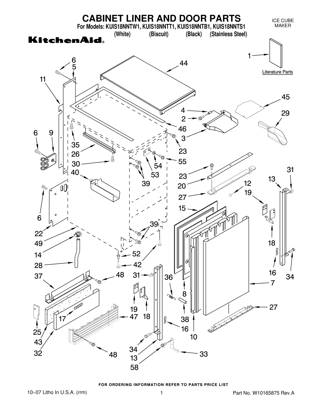 KitchenAid KUIS18NNTB1, KUIS18NNTW1, KUIS18NNTS1, KUIS18NNTT1 manual Cabinet Liner and Door Parts 