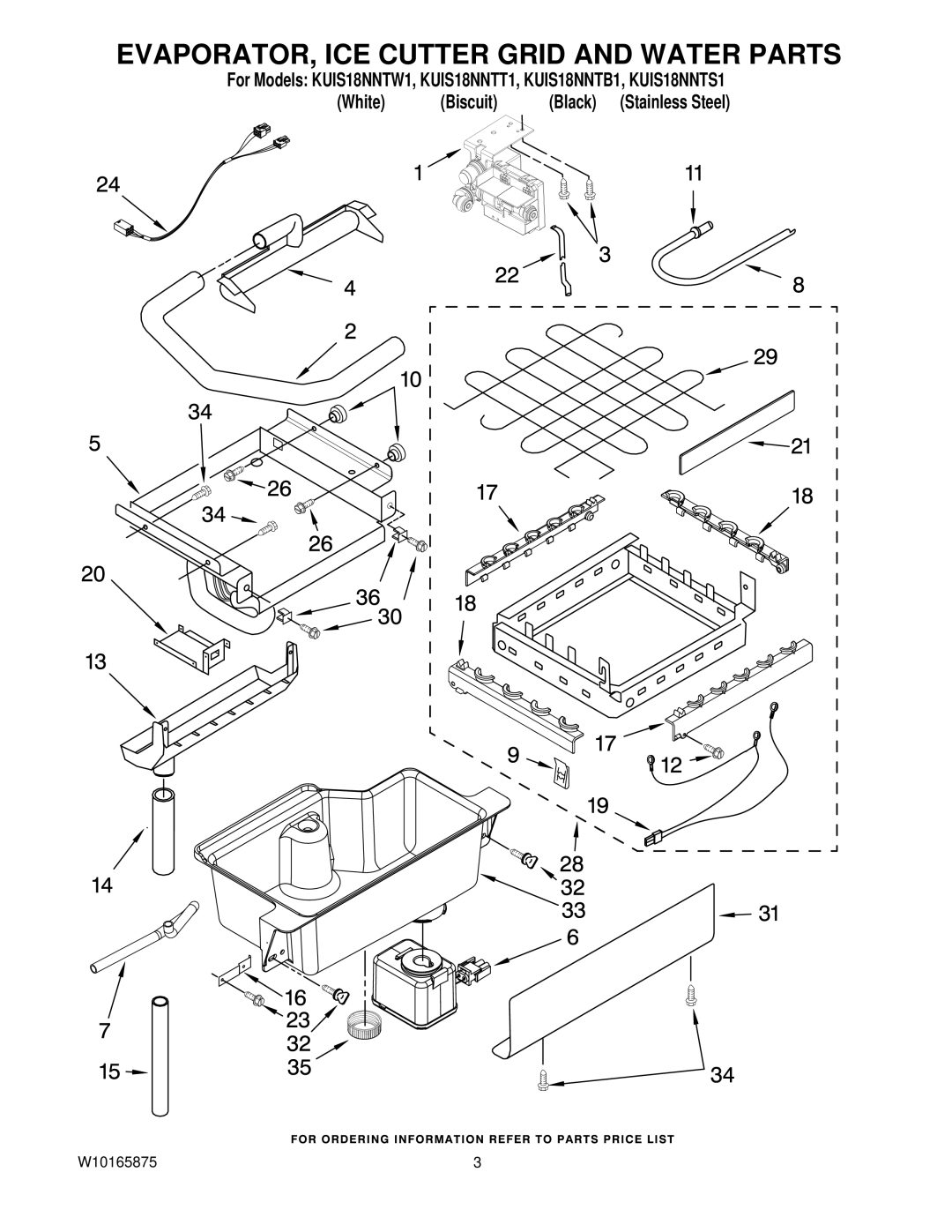 KitchenAid KUIS18NNTT1, KUIS18NNTW1, KUIS18NNTB1, KUIS18NNTS1 manual EVAPORATOR, ICE Cutter Grid and Water Parts 