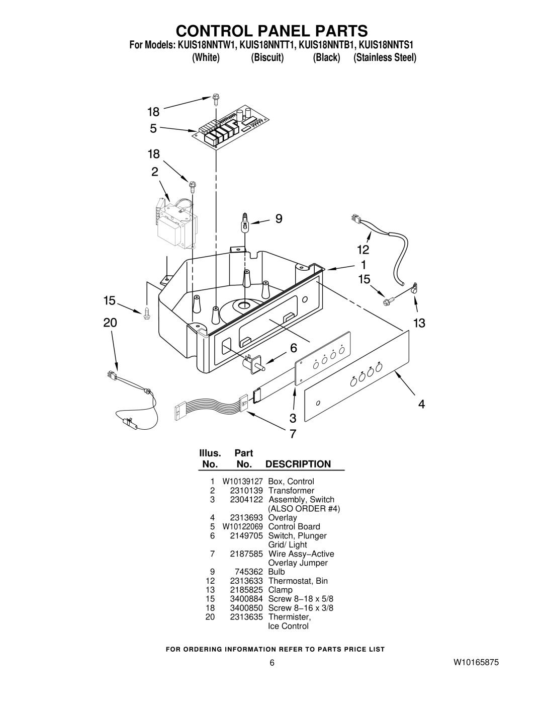 KitchenAid KUIS18NNTS1, KUIS18NNTW1, KUIS18NNTB1, KUIS18NNTT1 manual Control Panel Parts 