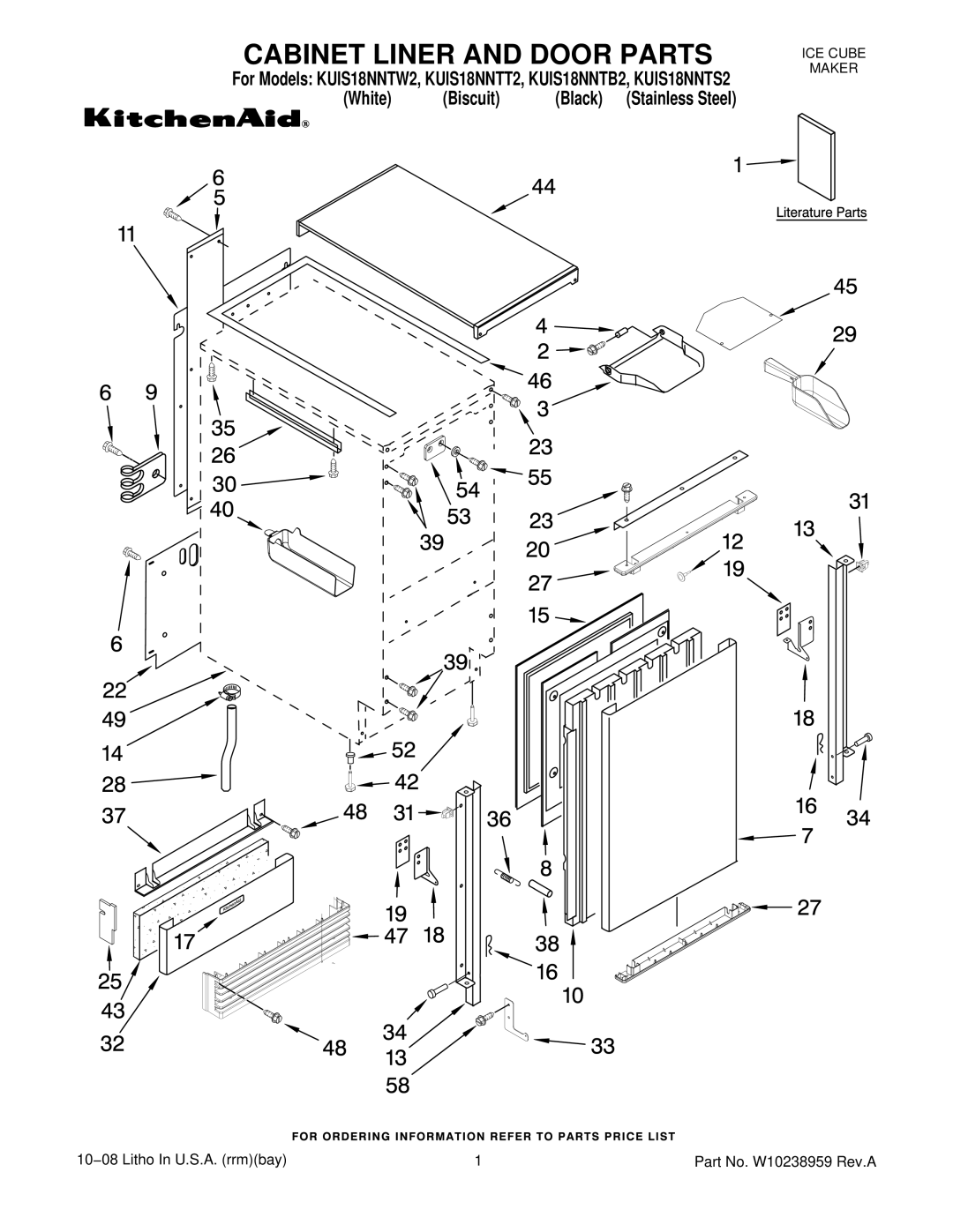 KitchenAid KUIS18NNTB2, KUIS18NNTW2, KUIS18NNTT2, KUIS18NNTS2 manual Cabinet Liner and Door Parts 