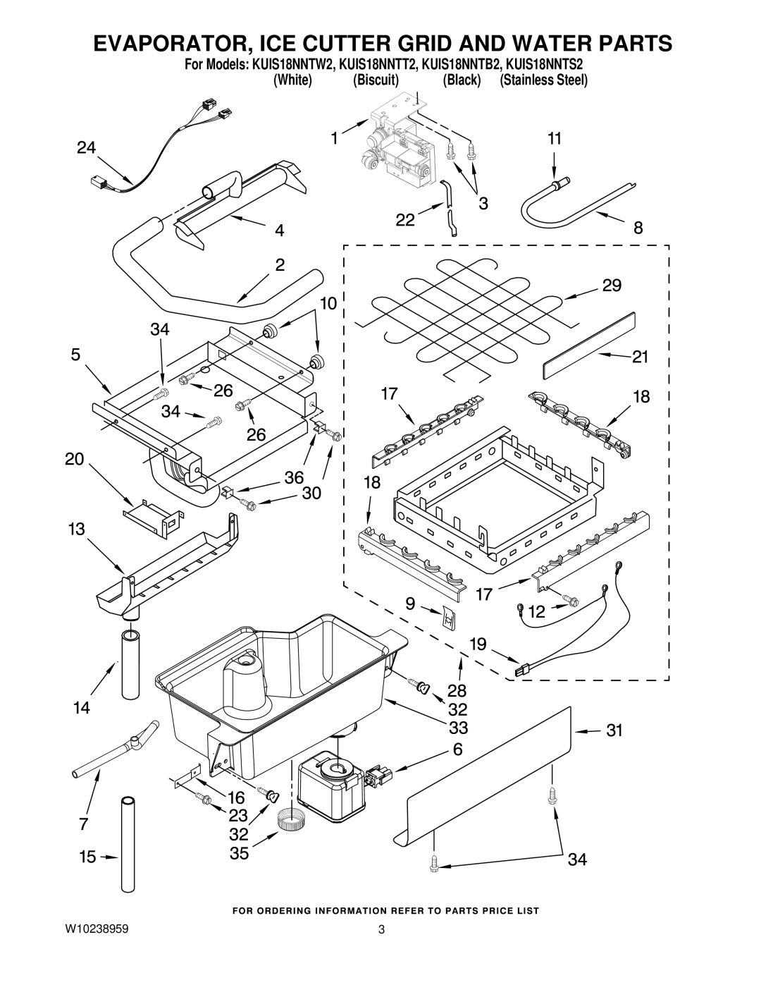 KitchenAid KUIS18NNTS2, KUIS18NNTW2, KUIS18NNTB2, KUIS18NNTT2 manual EVAPORATOR, ICE Cutter Grid and Water Parts 