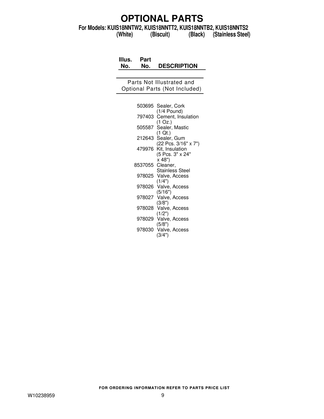KitchenAid KUIS18NNTB2, KUIS18NNTW2, KUIS18NNTT2, KUIS18NNTS2 manual Parts Not Illustrated Optional Parts Not Included 