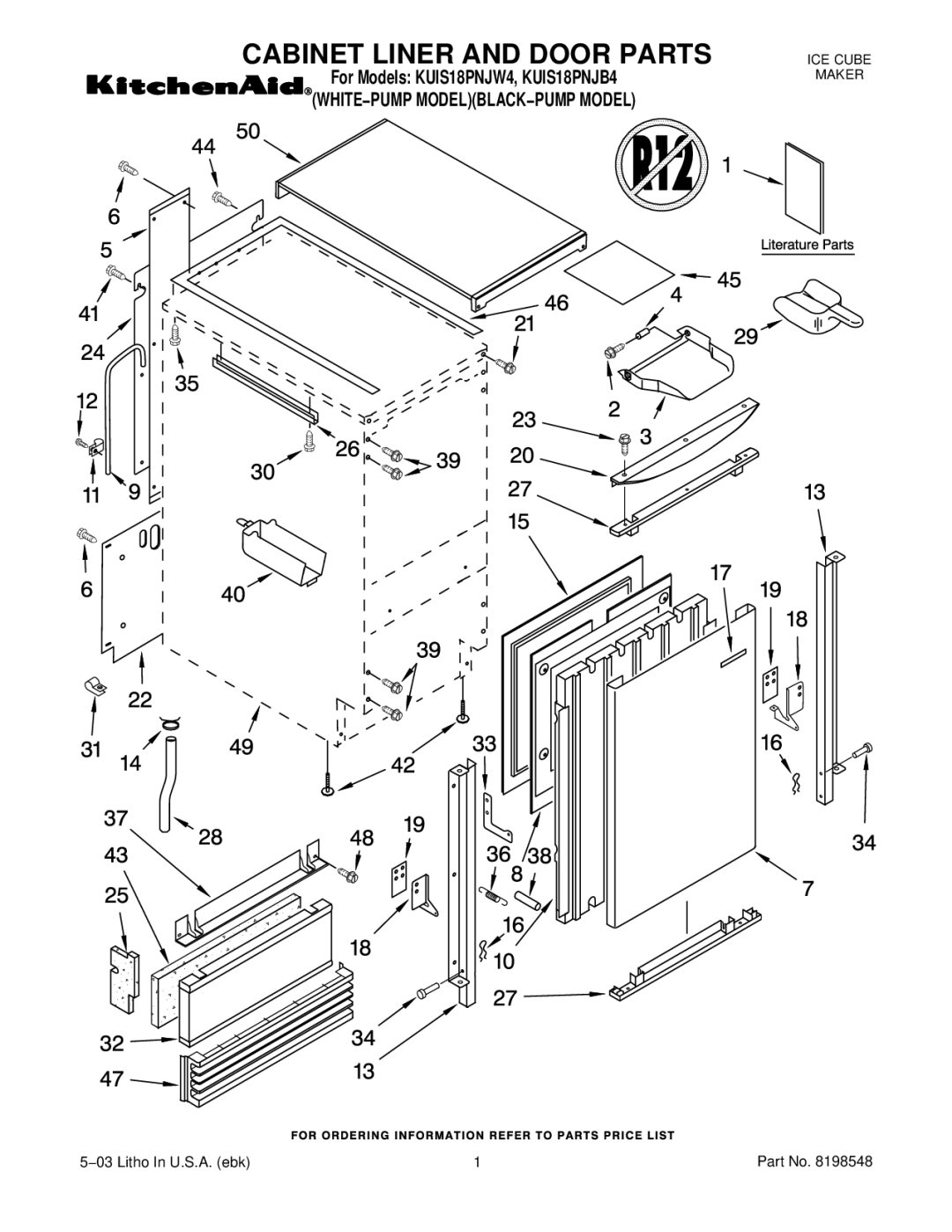 KitchenAid KUIS18PNJW4, KUIS18PNJB4 manual Cabinet Liner and Door Parts 