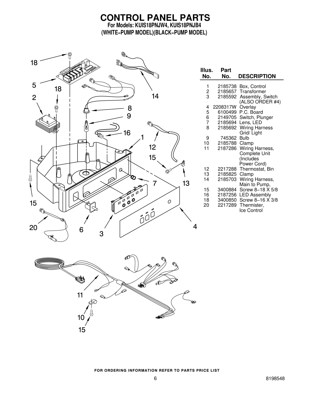 KitchenAid KUIS18PNJB4, KUIS18PNJW4 manual Control Panel Parts, Description 