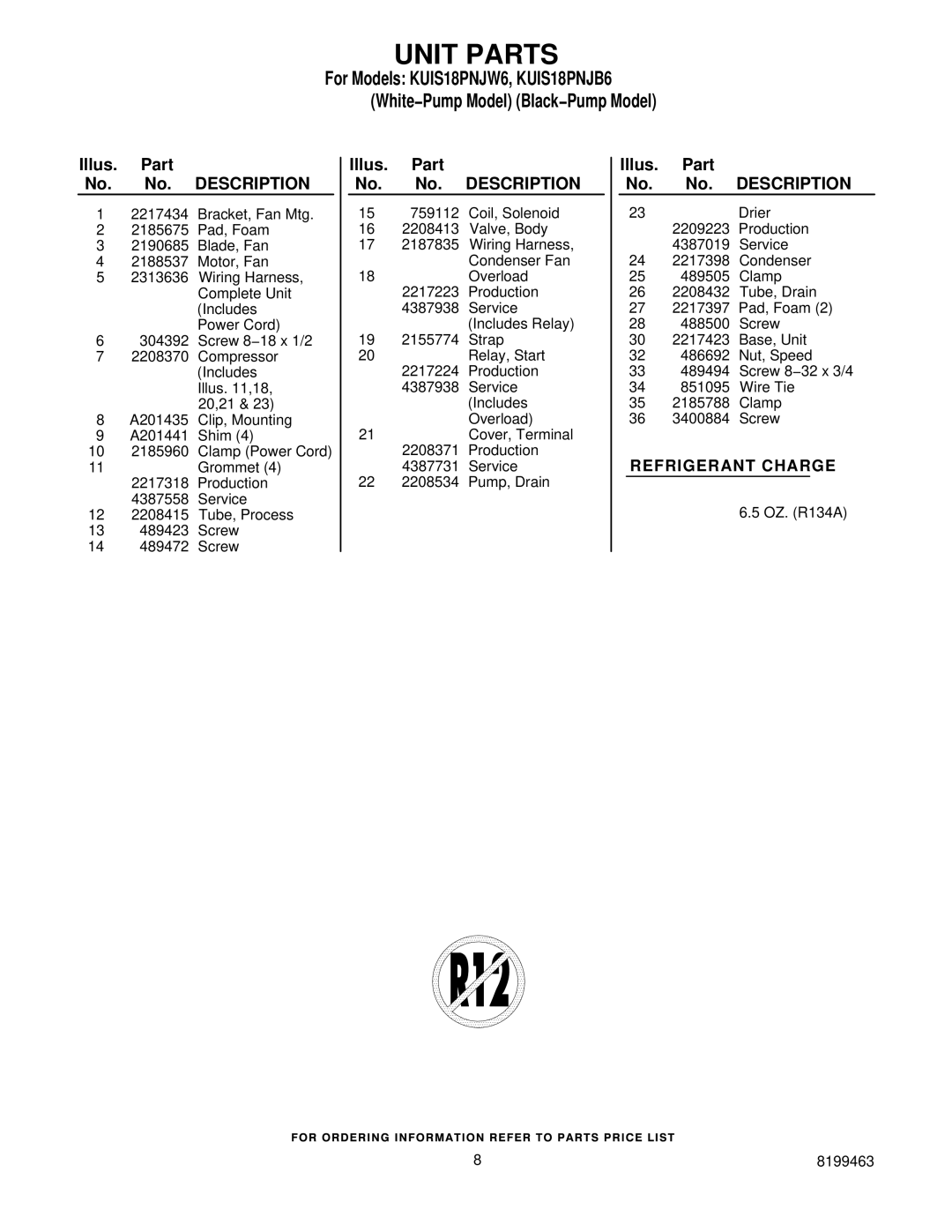 KitchenAid KUIS18PNJB6, KUIS18PNJW6 manual Refrigerant Charge 