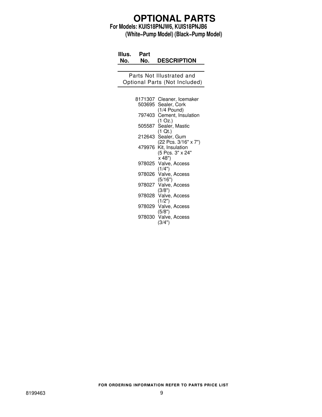 KitchenAid KUIS18PNJW6, KUIS18PNJB6 manual Parts Not Illustrated Optional Parts Not Included 