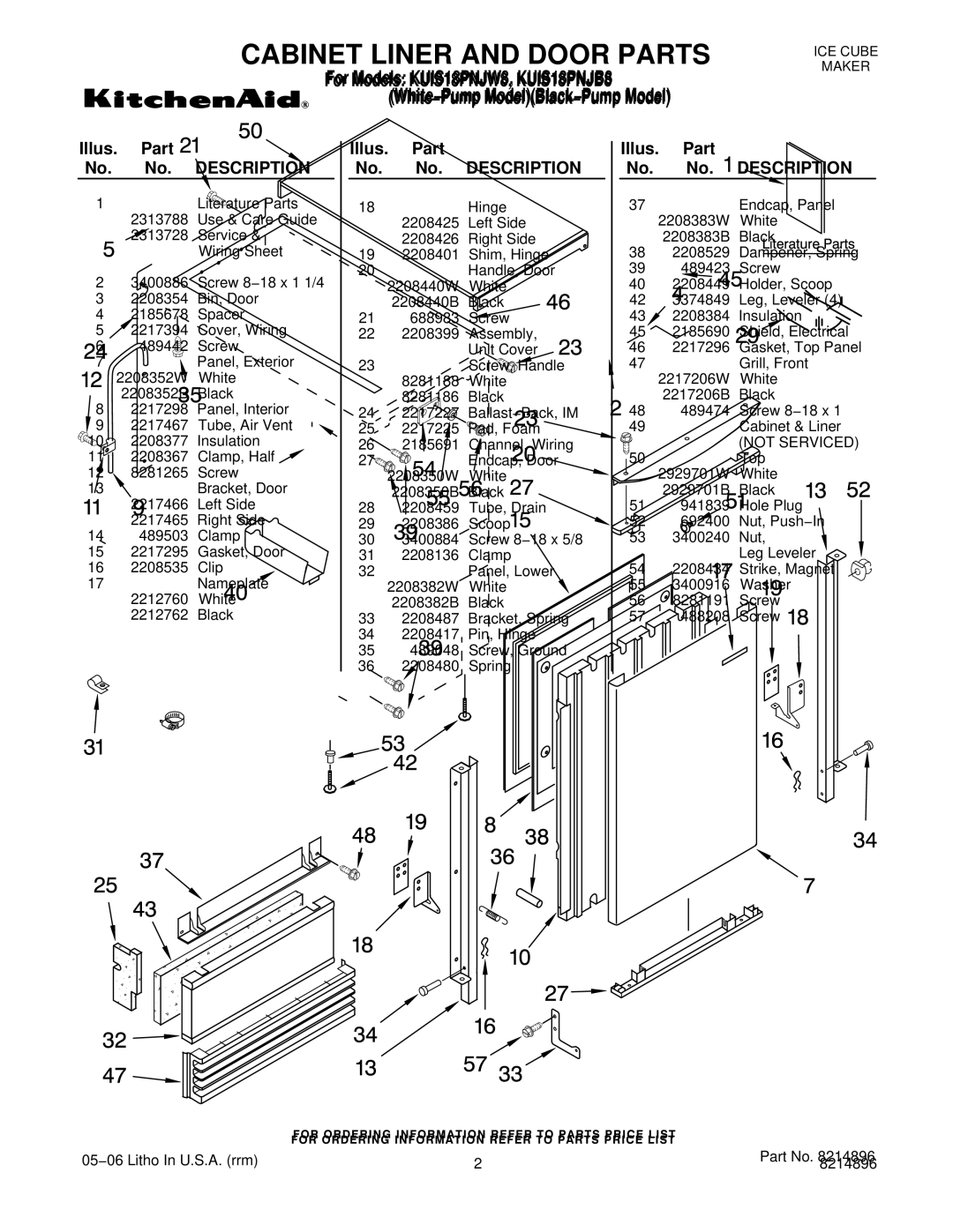 KitchenAid KUIS18PNJB8, KUIS18PNJW8 manual Cabinet Liner and Door Parts, Illus. Part No. No. Description 