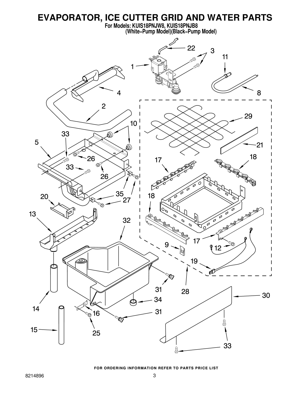 KitchenAid KUIS18PNJW8, KUIS18PNJB8 manual EVAPORATOR, ICE Cutter Grid and Water Parts 