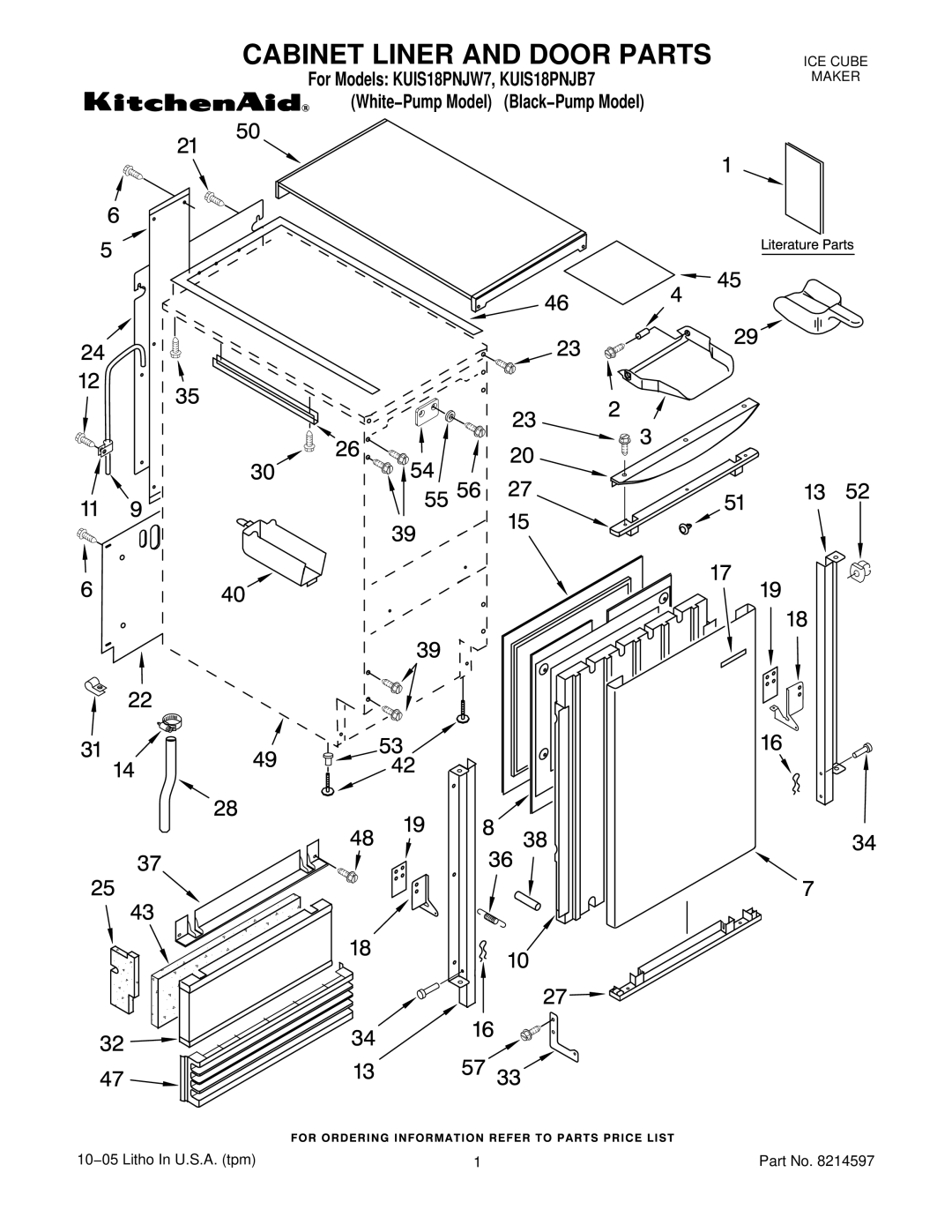 KitchenAid KUIS18PNJB7, KUIS18PNJW7 manual Cabinet Liner and Door Parts 