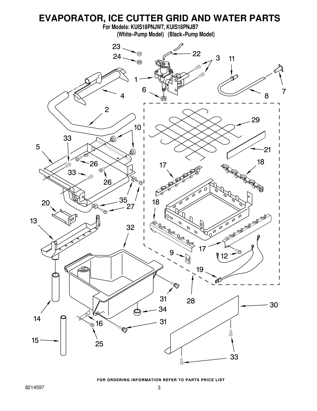 KitchenAid KUIS18PNJB7, KUIS18PNJW7 manual EVAPORATOR, ICE Cutter Grid and Water Parts 