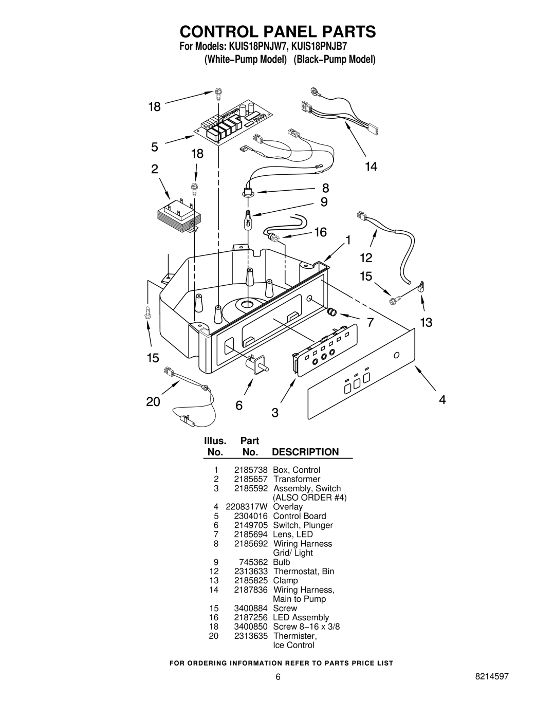 KitchenAid KUIS18PNJW7, KUIS18PNJB7 manual Control Panel Parts 