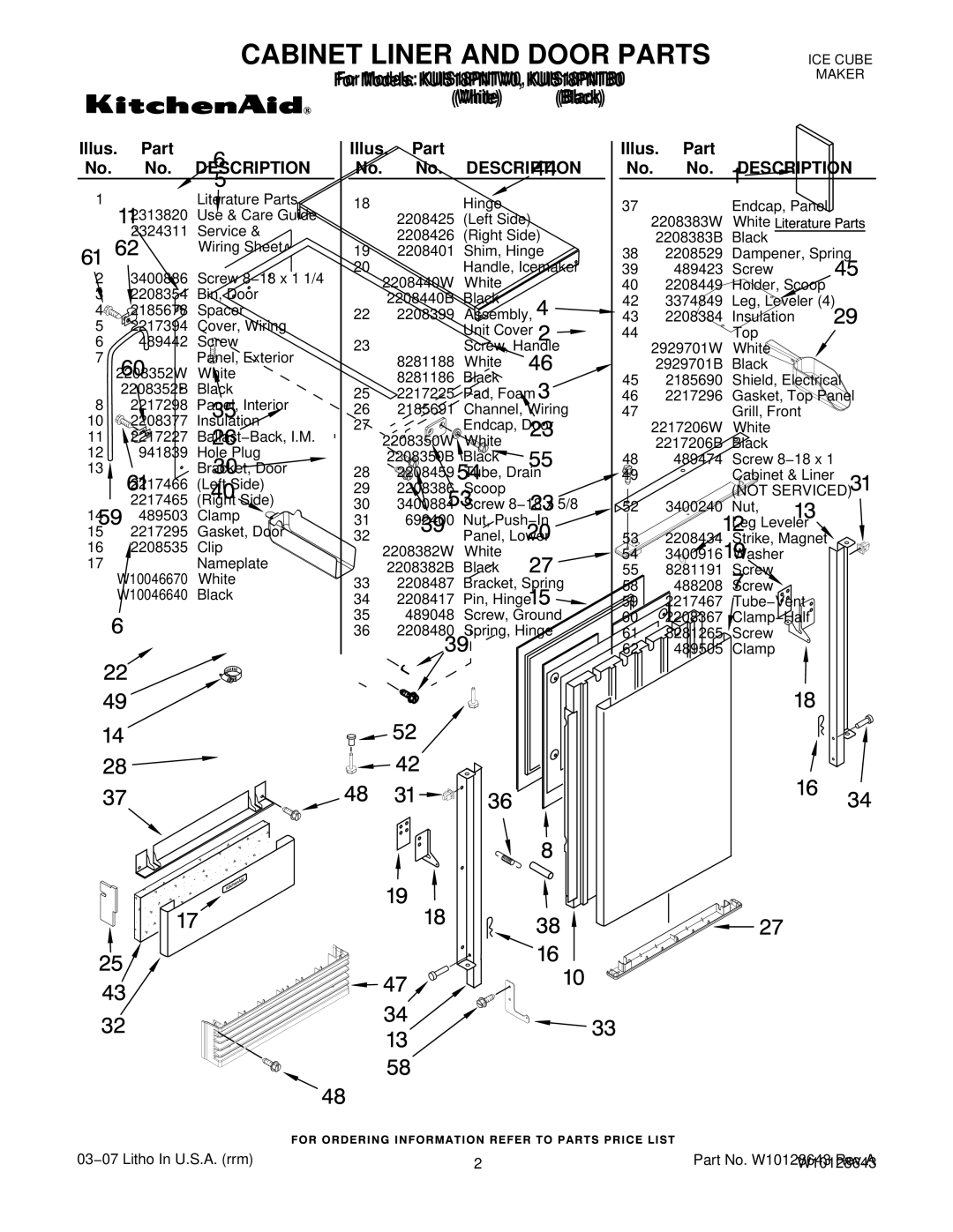 KitchenAid KUIS18PNTW0, KUIS18PNTB0 manual Cabinet Liner and Door Parts, Illus. Part No. No. Description 