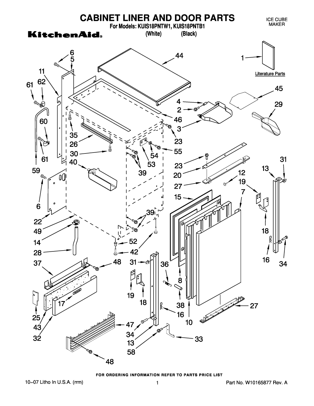 KitchenAid manual Cabinet Liner And Door Parts, For Models KUIS18PNTW1, KUIS18PNTB1 White Black, Ice Cube Maker 