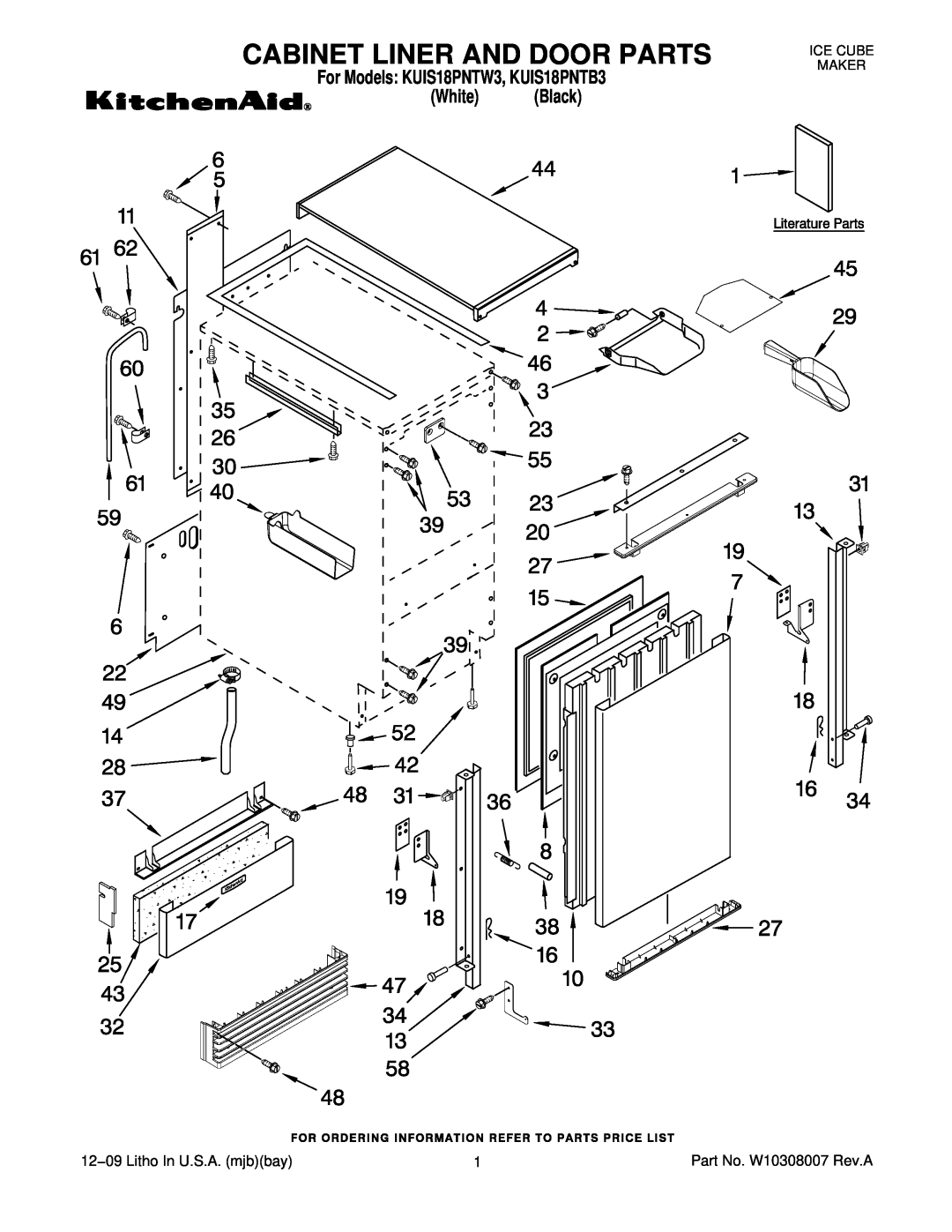 KitchenAid manual Cabinet Liner And Door Parts, For Models KUIS18PNTW3, KUIS18PNTB3 White Black, Ice Cube Maker 